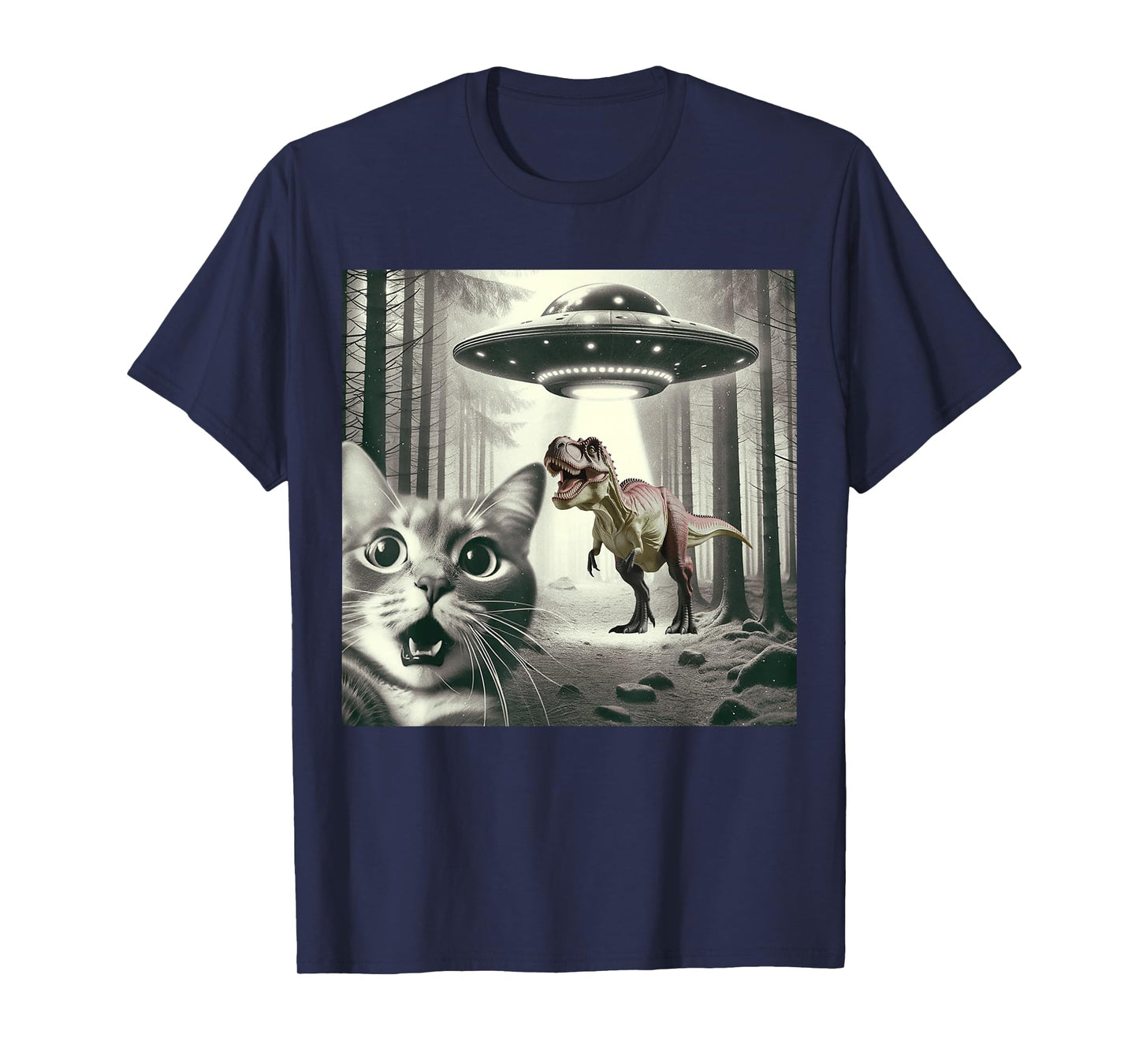 Funny Cat Selfie with Alien UFO and T-Rex Dinosaur Graphic T-Shirt