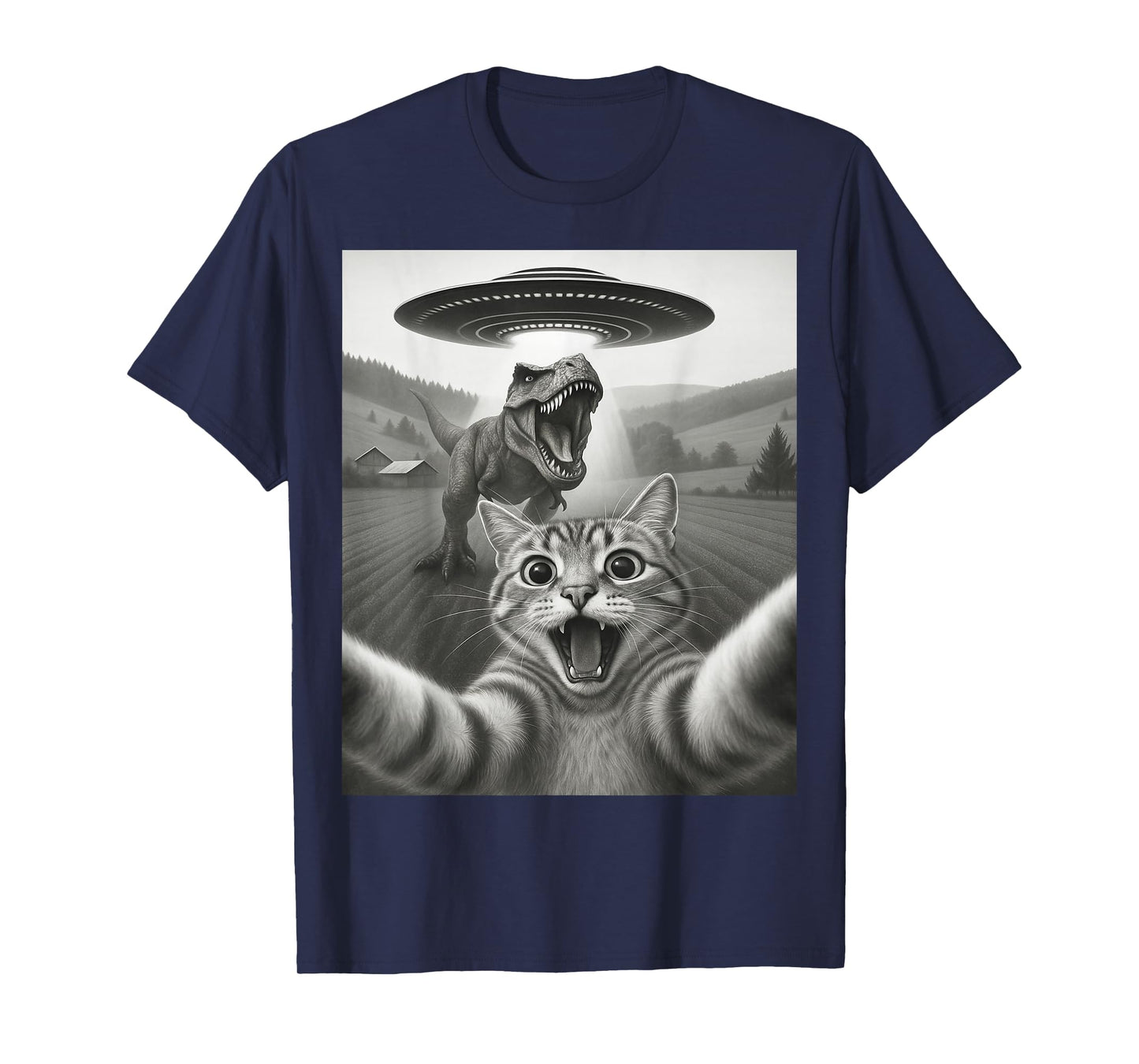 Cat Selfie with Alien UFO & T-Rex Dinosaur Funny Cat Gifts T-Shirt