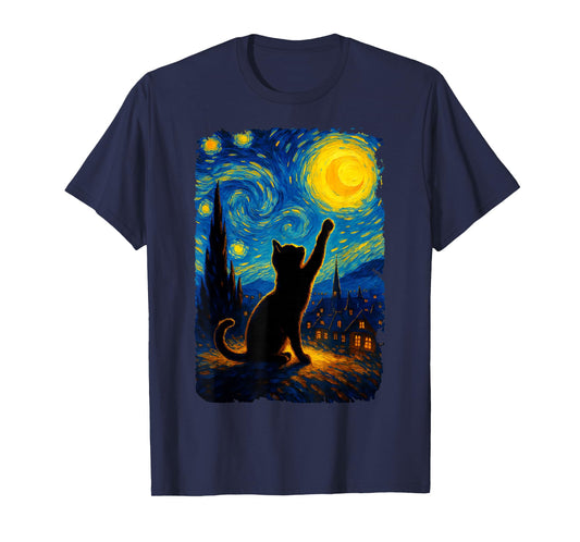 Black Cat Starry Night Van Gogh Cat, Cat Mom, Cat Dad T-Shirt