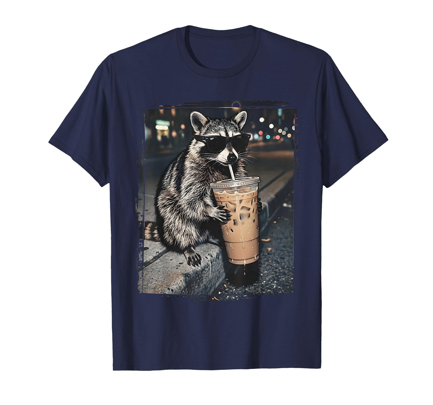 Raccoon Drinking Iced Coffee Funny Animal Meme Men Women T-Shirt