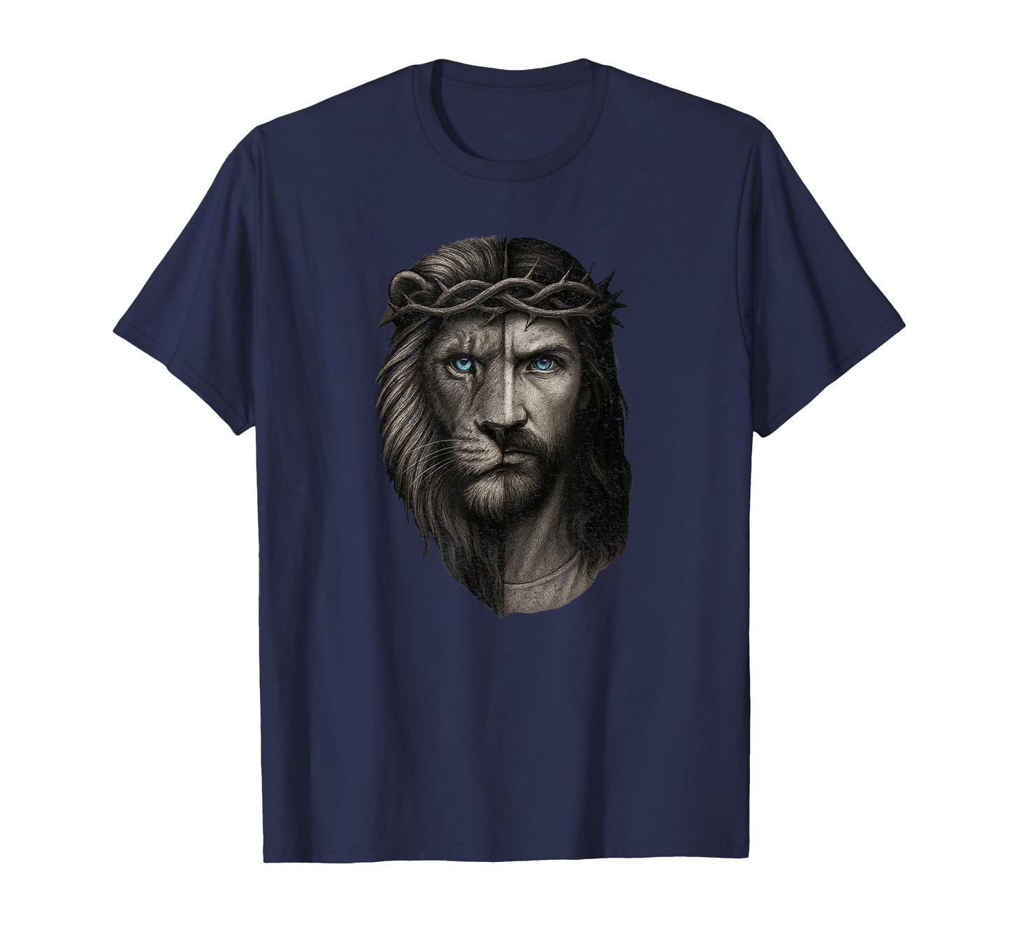 Lion and Jesus Half Face Crown of Thorns Blue Eyes Art T-Shirt