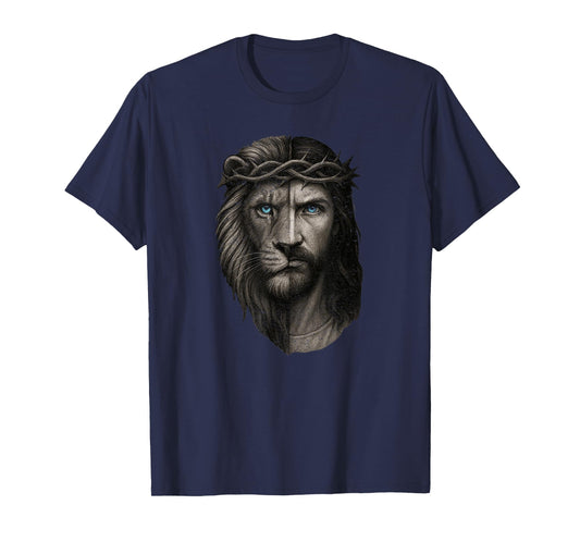 Lion and Jesus Half Face Crown of Thorns Blue Eyes Art T-Shirt