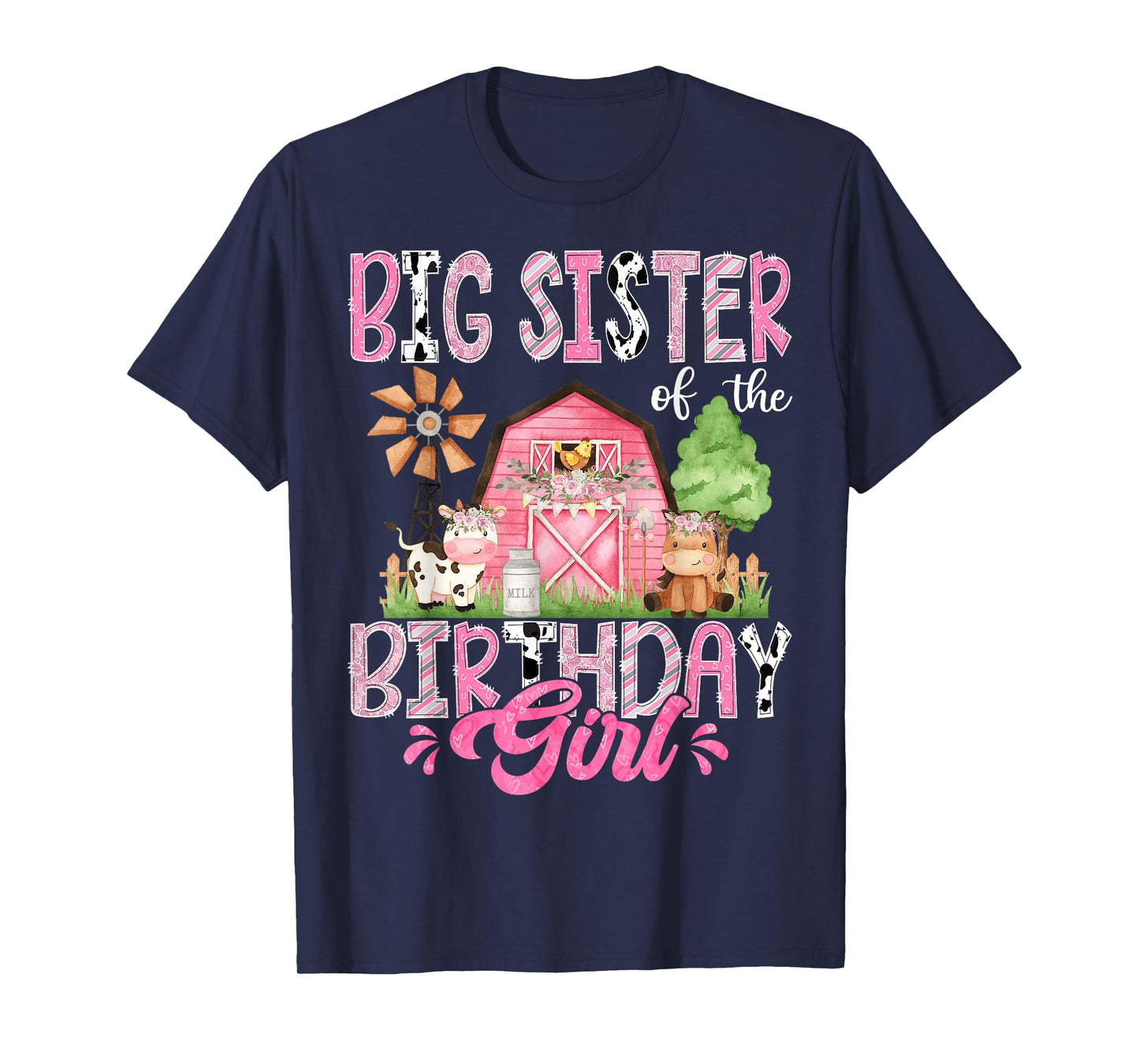 Big Sister Of The Birthday Girl 1St Birthday Pink Cow Farm T-Shirt