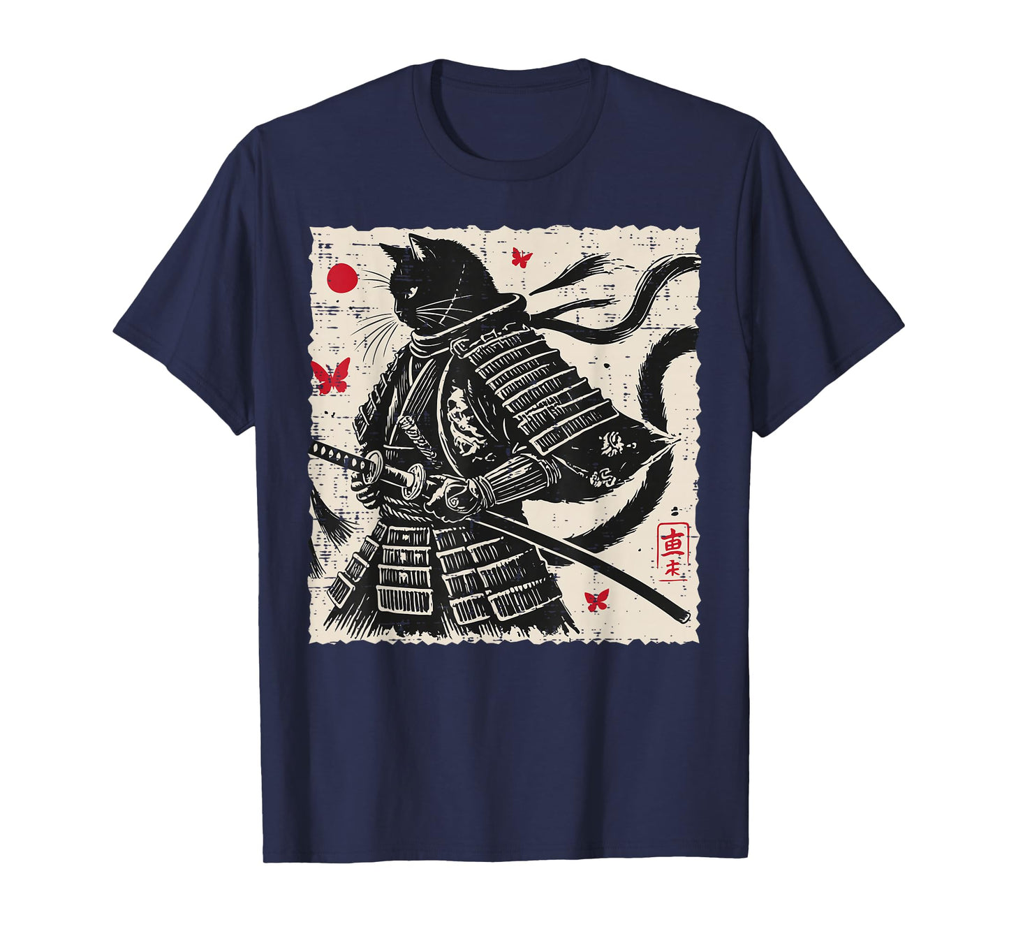 Japanese Cat Samurai Armor Vintage Art Men Boys Kids Women T-Shirt