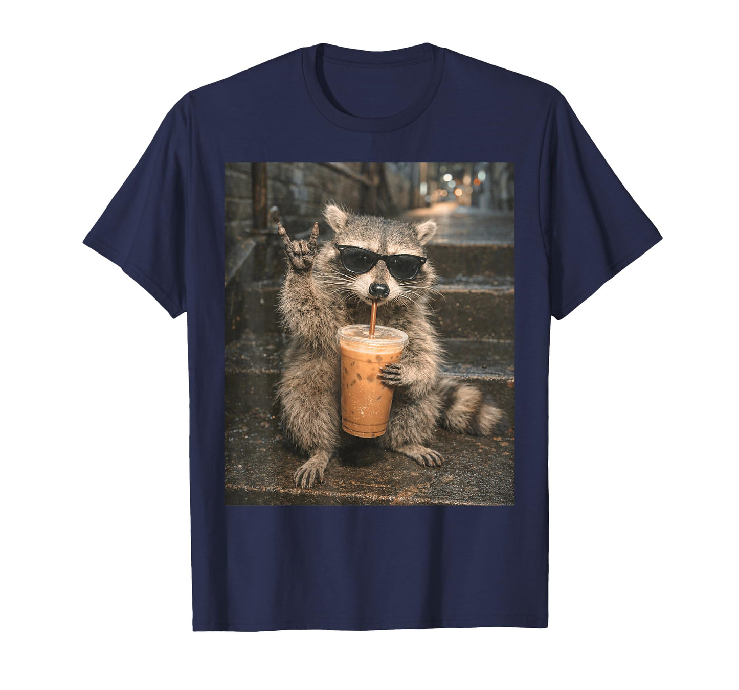 Raccoon Drinking Iced Coffee Meme Funny Animal for Men Women T-Shirt