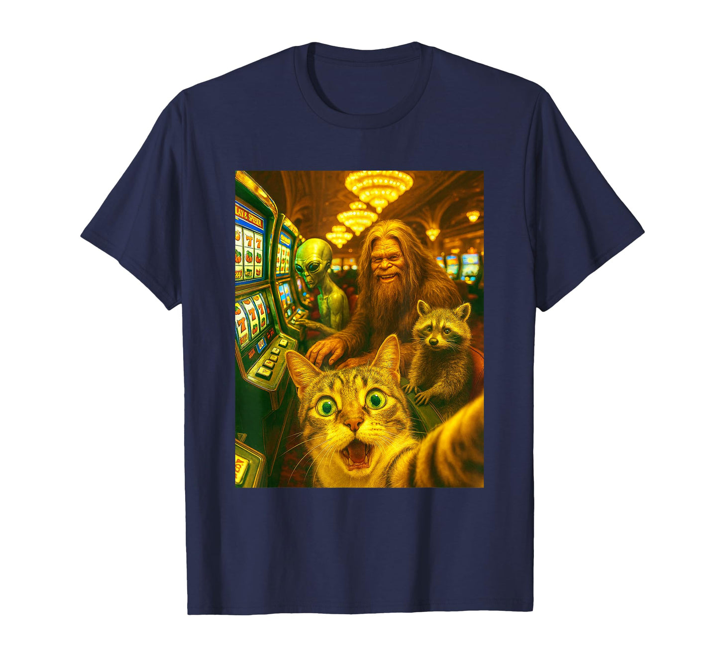 Cat Alien Bigfoot Casino Slot Machine Selfie Funny Gambling T-Shirt