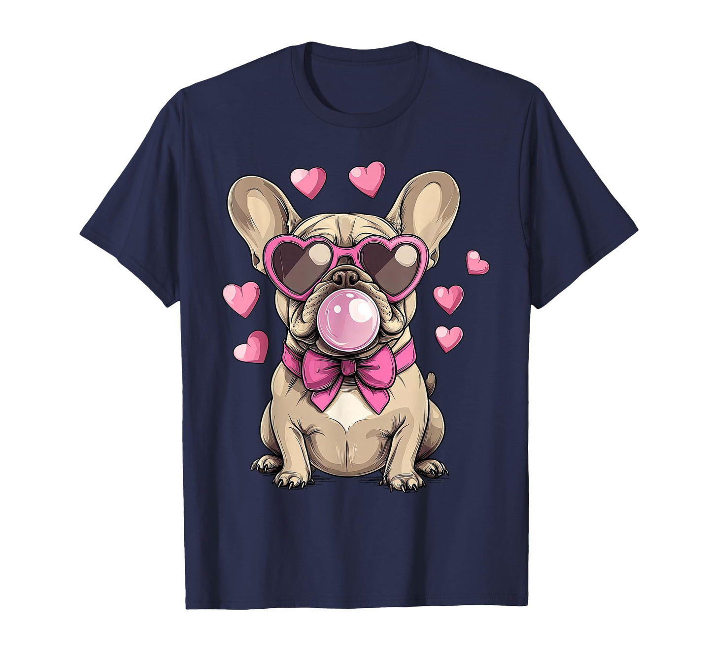 French Bulldog Blowing Bubble Heart Glasses Valentine Day T-Shirt