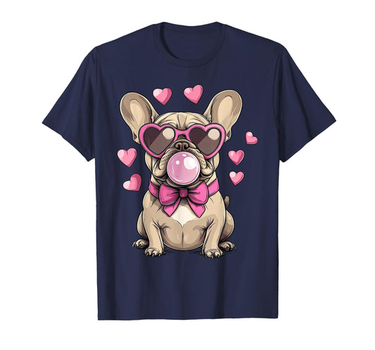 French Bulldog Blowing Bubble Heart Glasses Valentine Day T-Shirt