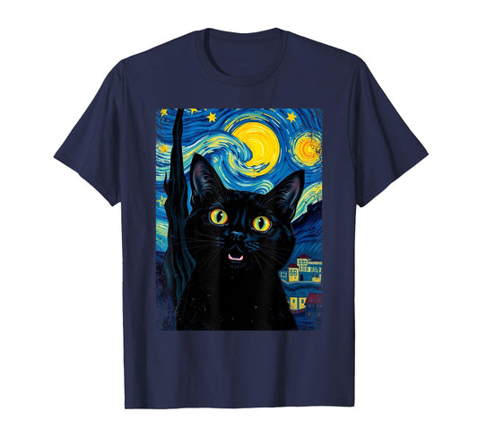 Black Cat Swirling Night Colorful Sky Starry Art Van Gogh T-Shirt