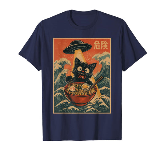 Black Cat Ramen Alien UFO Funny Japanese Kawaii Anime Funny T-Shirt