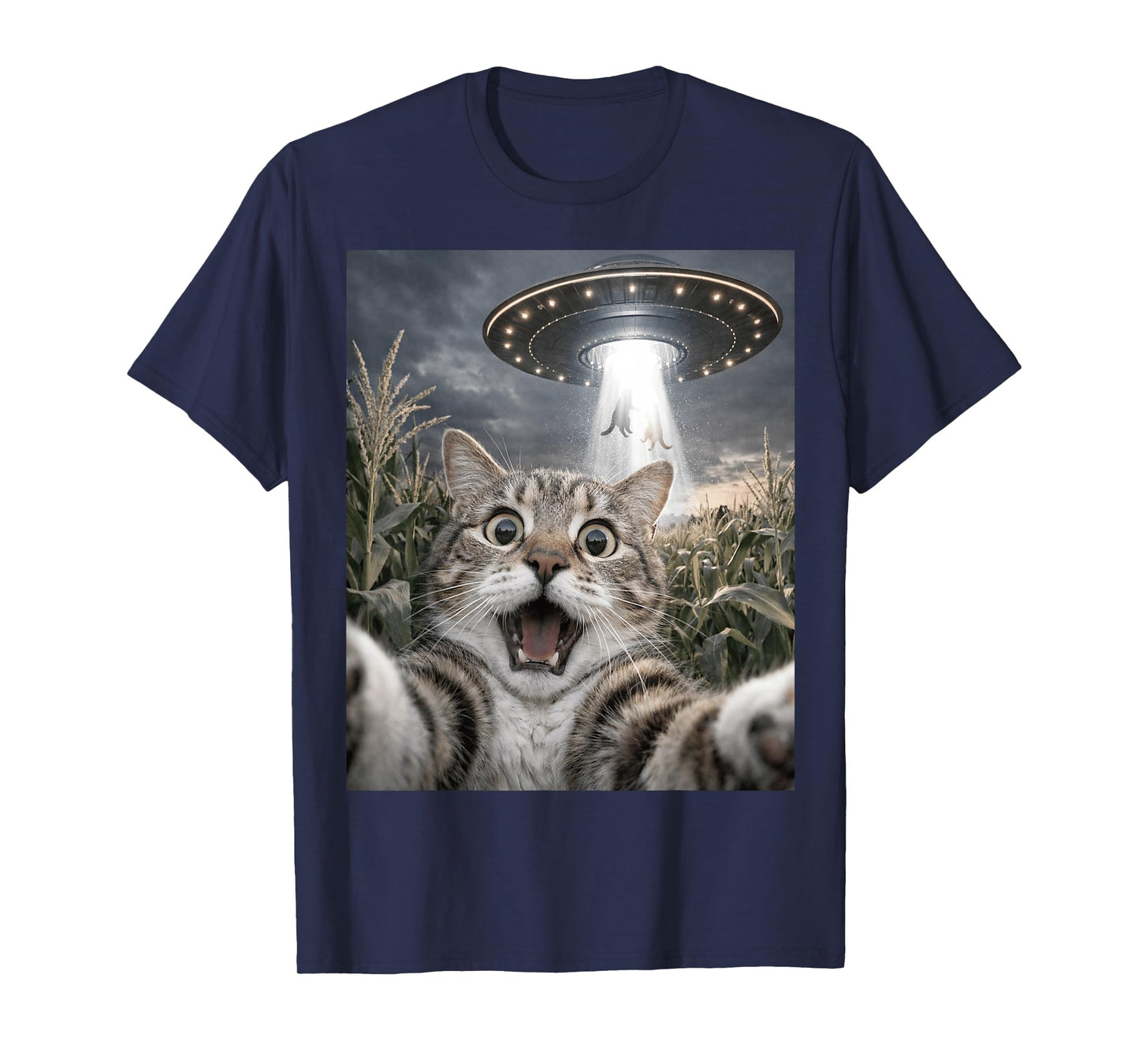 Funny Cat Selfie UFO Alien Animal Meme for Men Women Kids T-Shirt