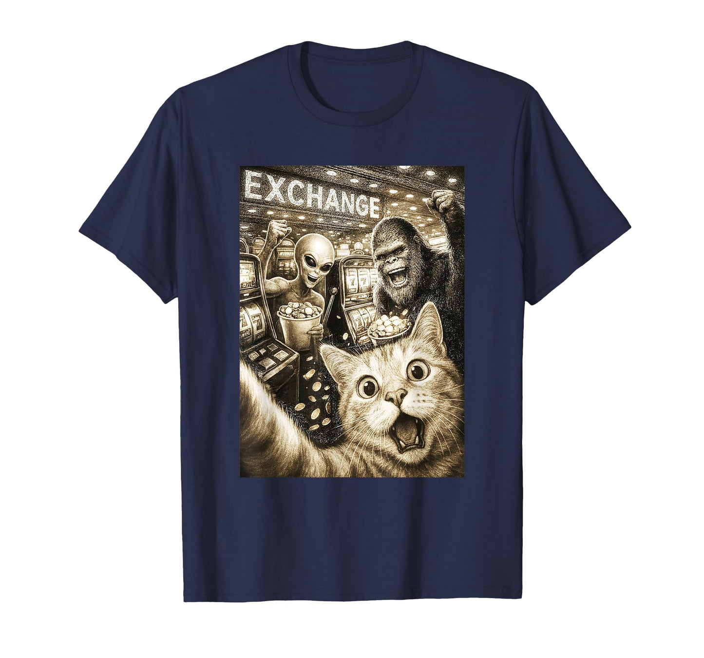 Cat Alien Bigfoot Casino Slot Machine Selfie Funny Gambling T-Shirt
