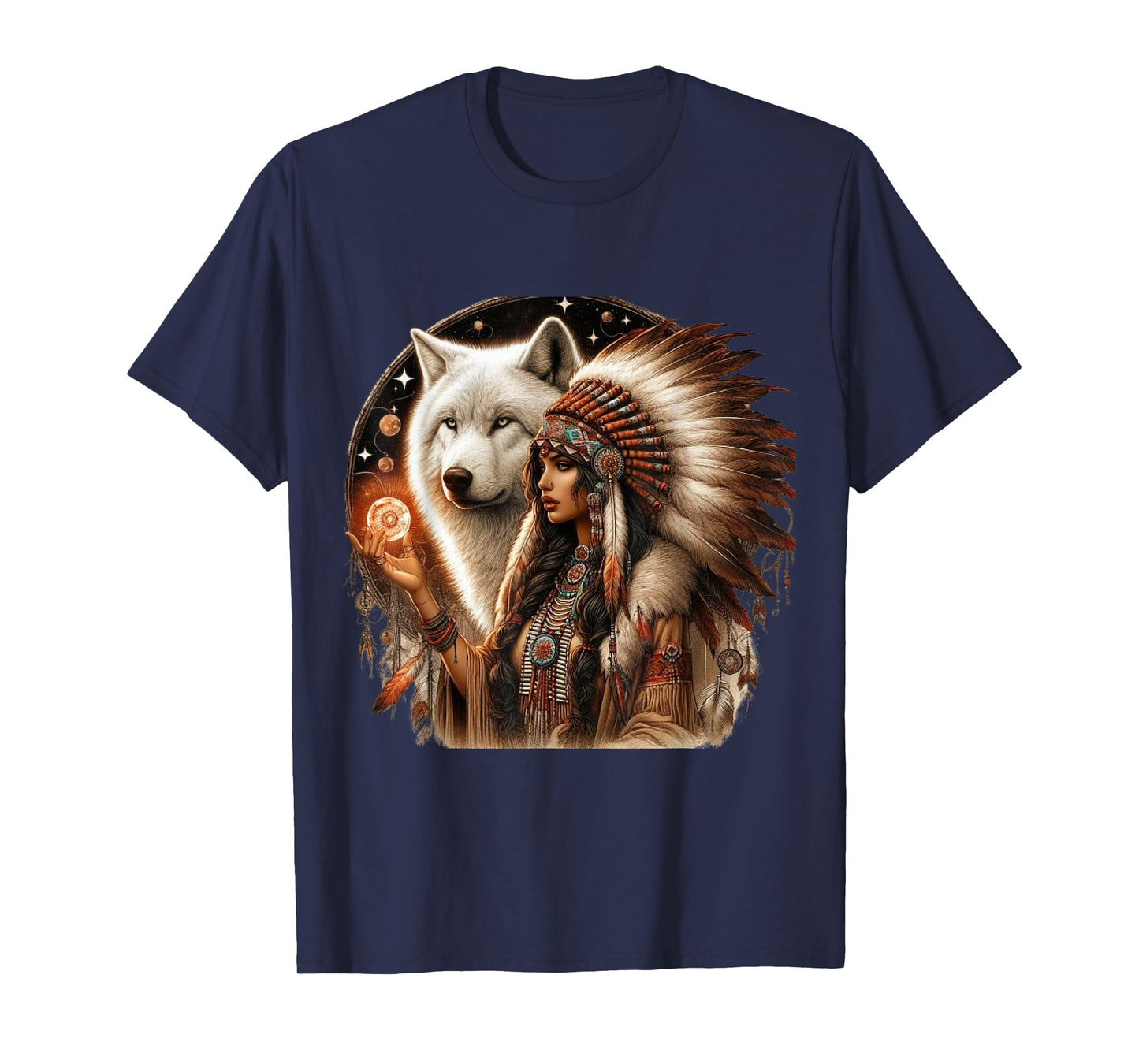 Indian Native American Woman With White Wolf Vitage Gifts T-Shirt