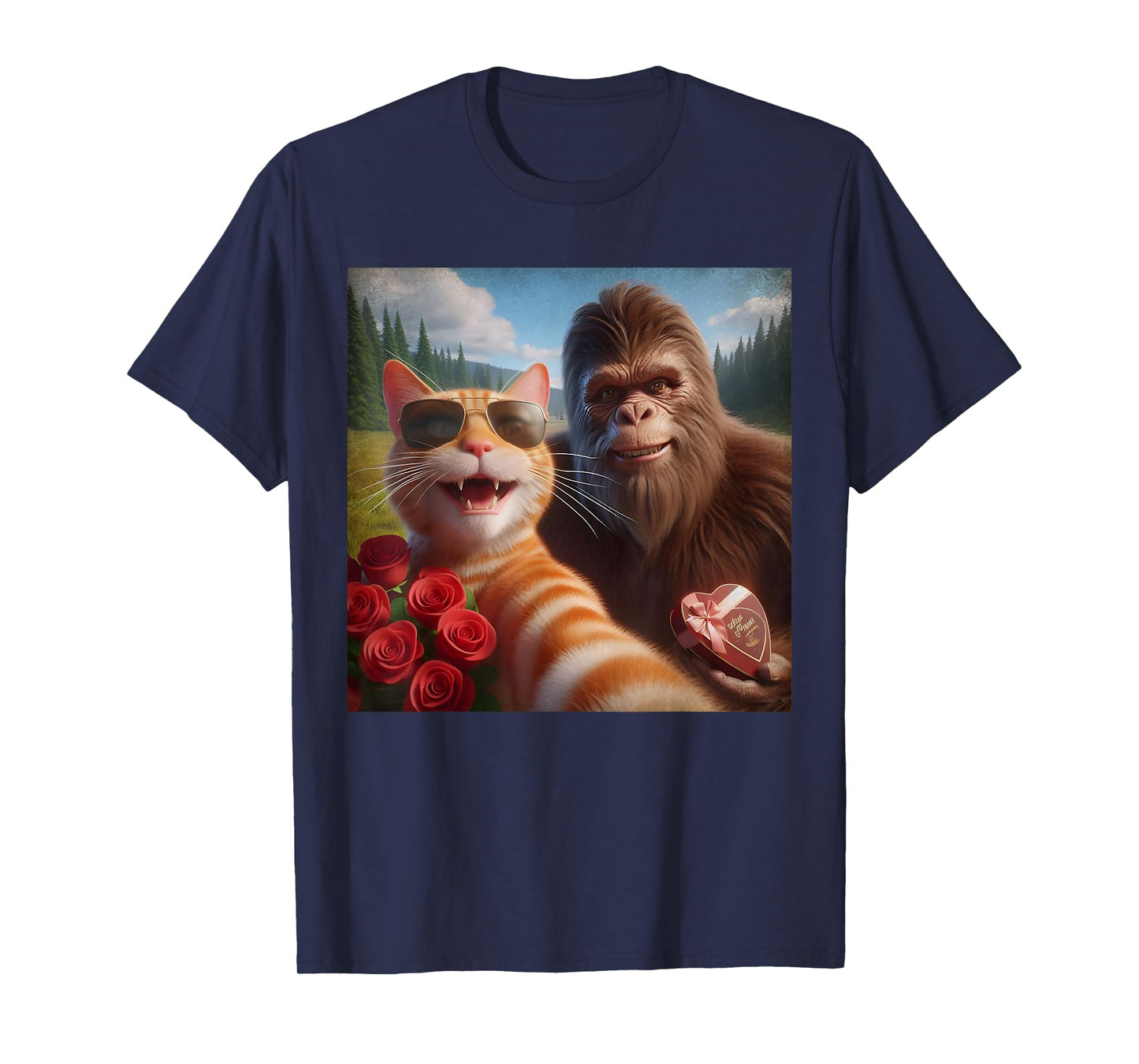Funny Valentine Cat and Bigfoot Selfie Meme T-Shirt