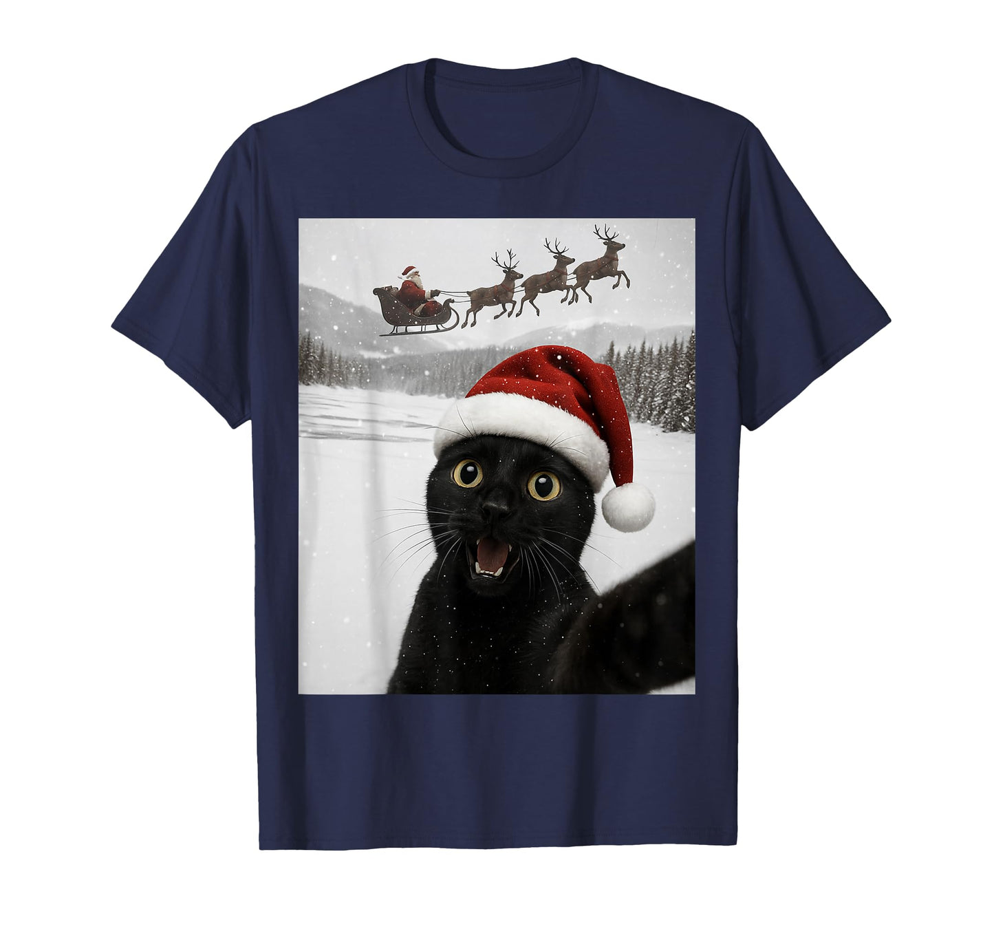 Cat Selfie with Santa Funny Black Cat Christmas Mens Womens T-Shirt