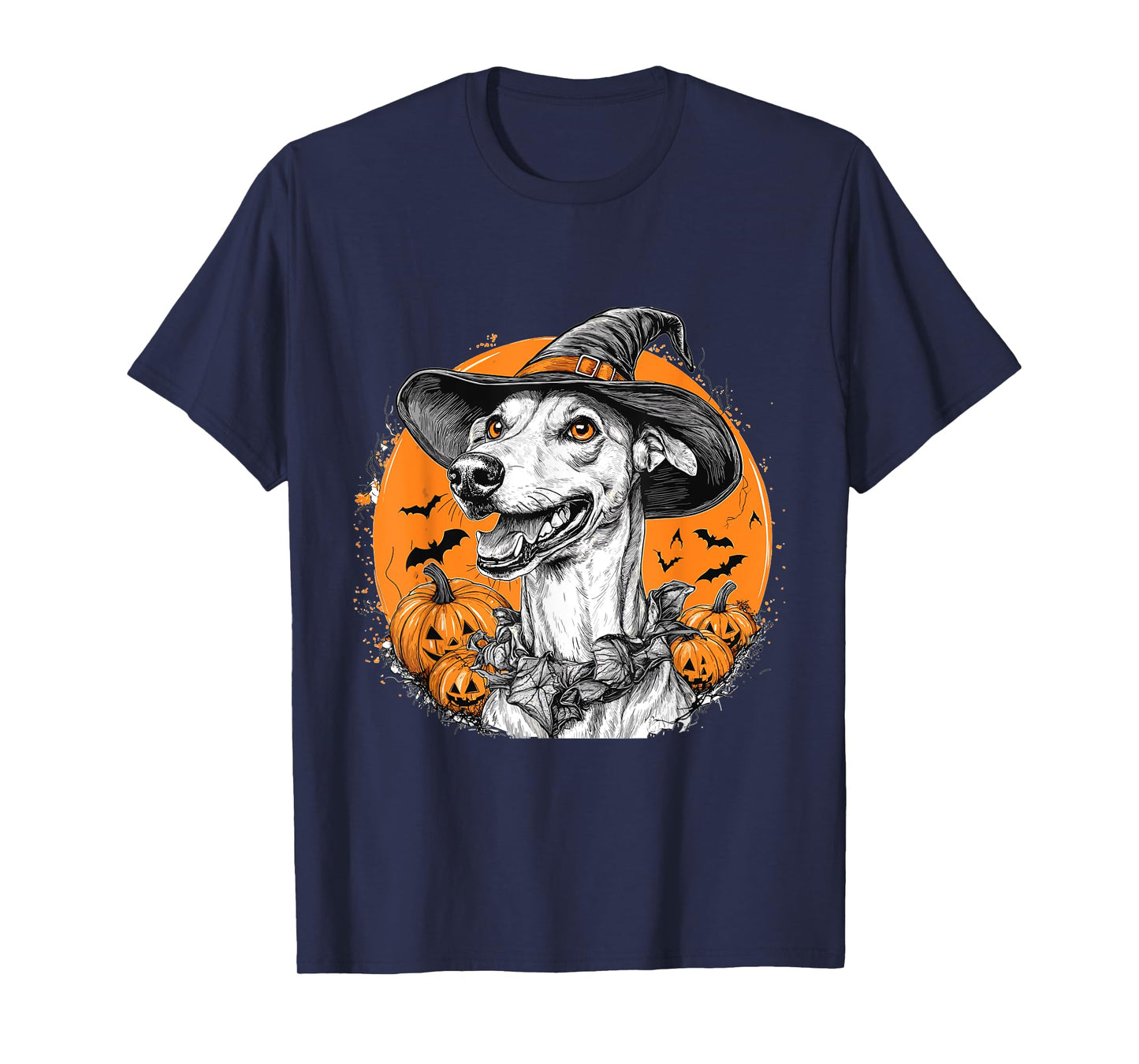 Greyhound Dog Whitch Hat Halloween Pumpkin Spooky Happy T-Shirt