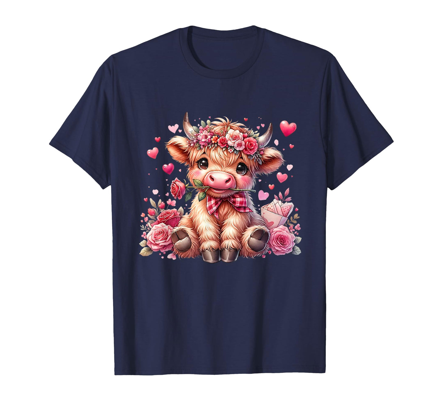 Valentine Highland Cow Print Cute Love Heart Flowers T-Shirt
