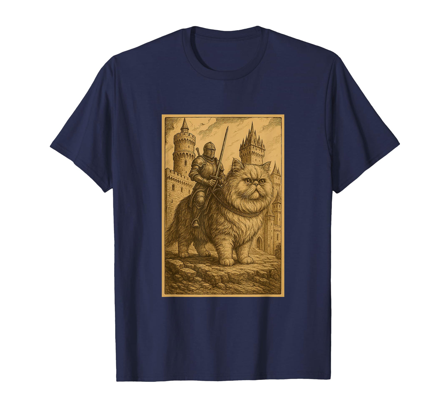 Medieval Knight Riding a Persian Cat Rider Surreal Feline T-Shirt