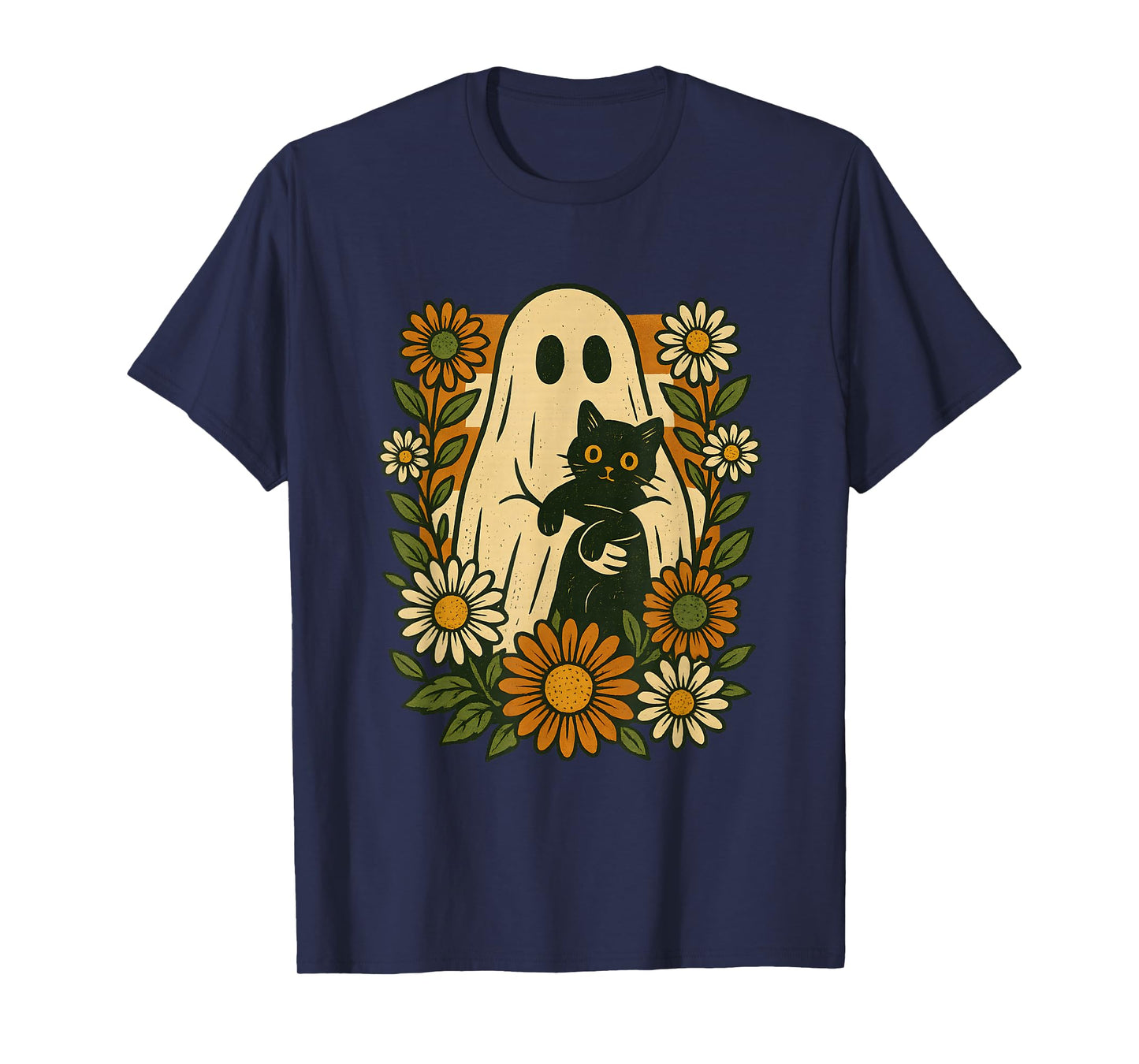 Cute Ghost Holding Black Cat Groovy Floral Funny Halloween T-Shirt