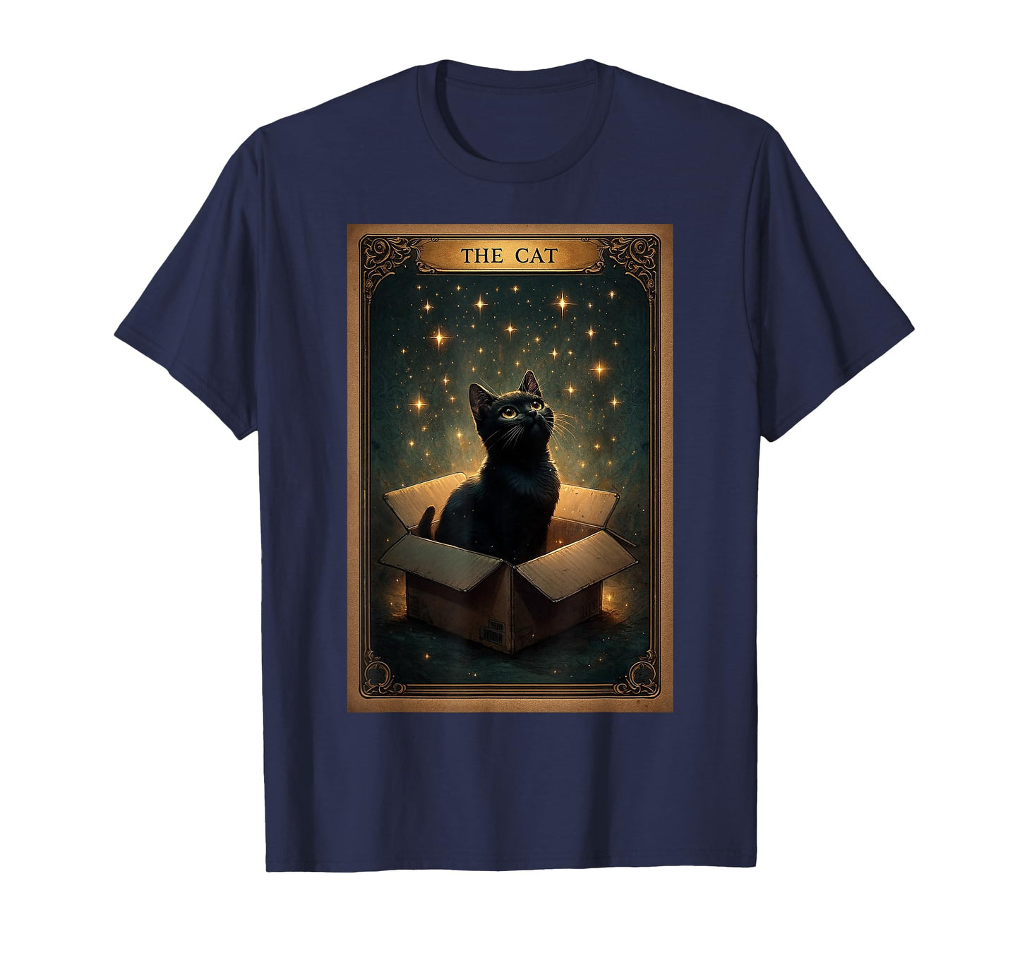 Mystical Black Cat on Box Magical Stars Retro Art Tarot Card T-Shirt