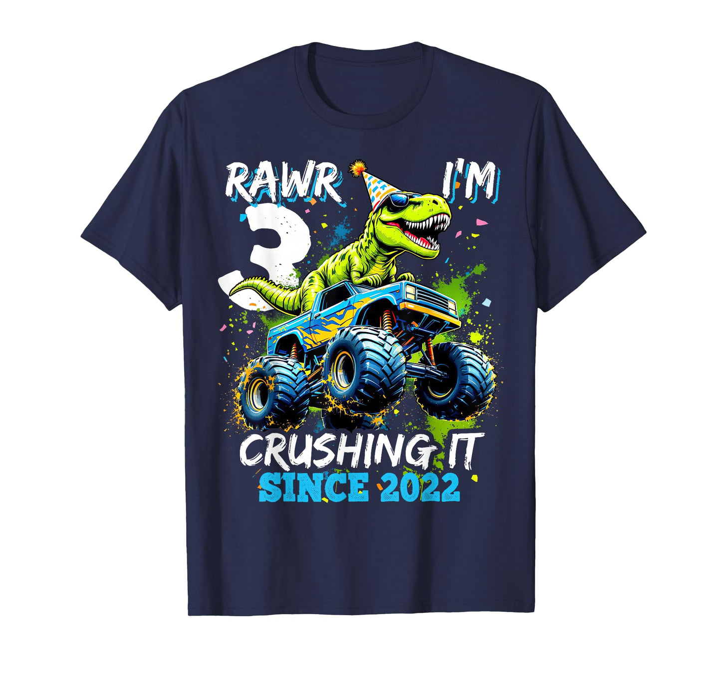 3rd Birthday Monster Truck Dinosaur Party Boys Rawr I'm 3 T-Shirt