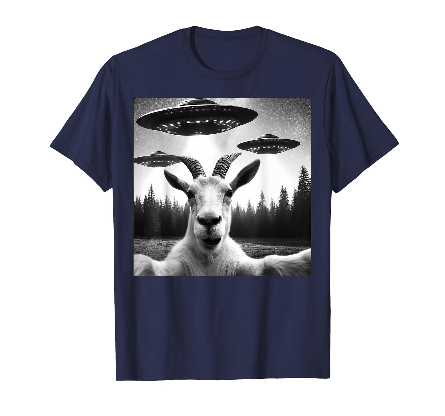 Goat Selfie With Alien UFO Funny Goat Gifts For Men Women T-Shirt