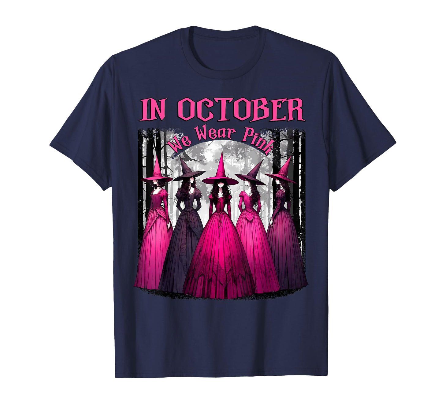 in October We Wear Pink Spooky Witch Halloween Breast Cancer T-Shirt