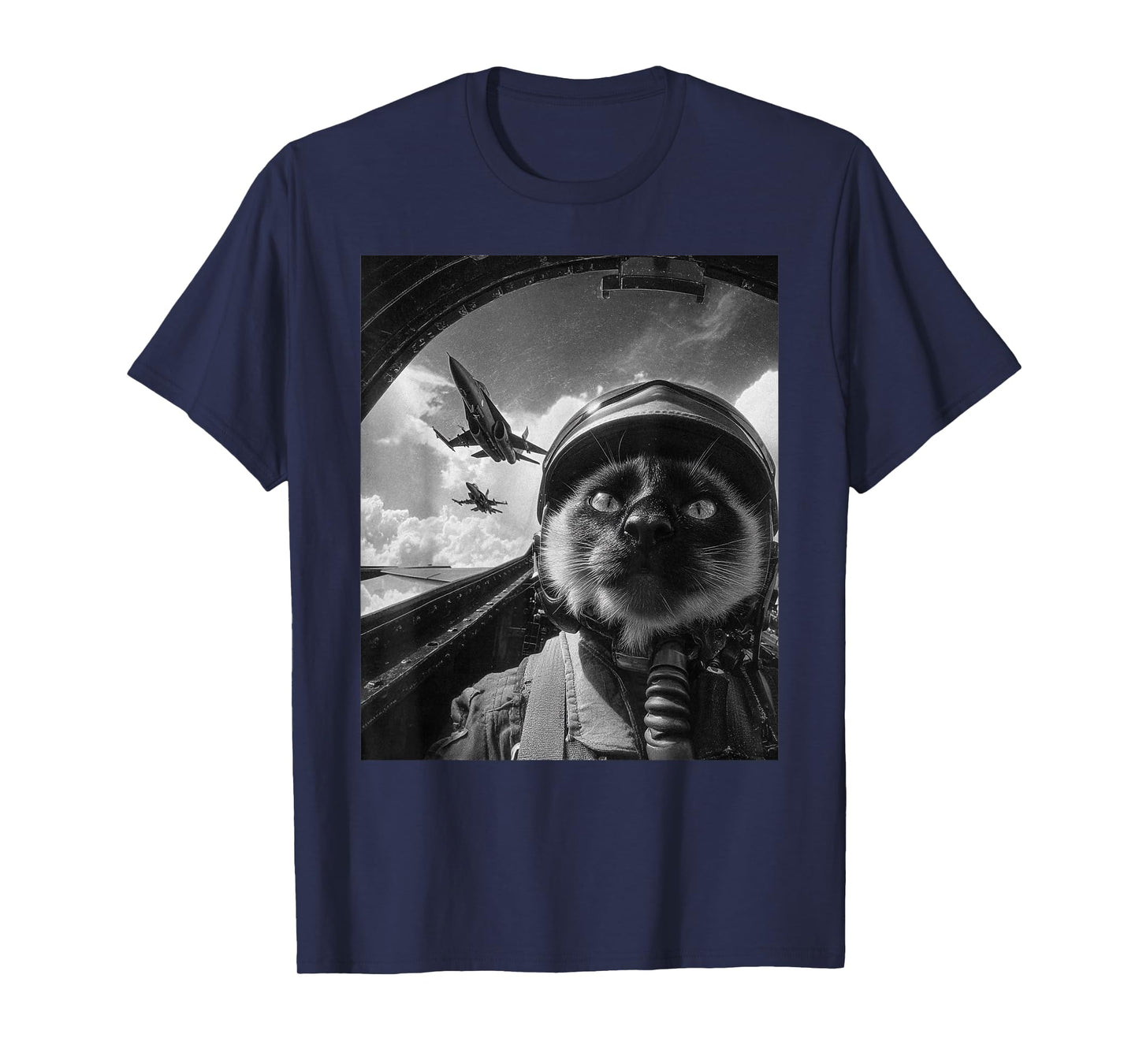 Funny Siamese Cat Selfie Fighter Jet Pilot Airplane Graphic T-Shirt