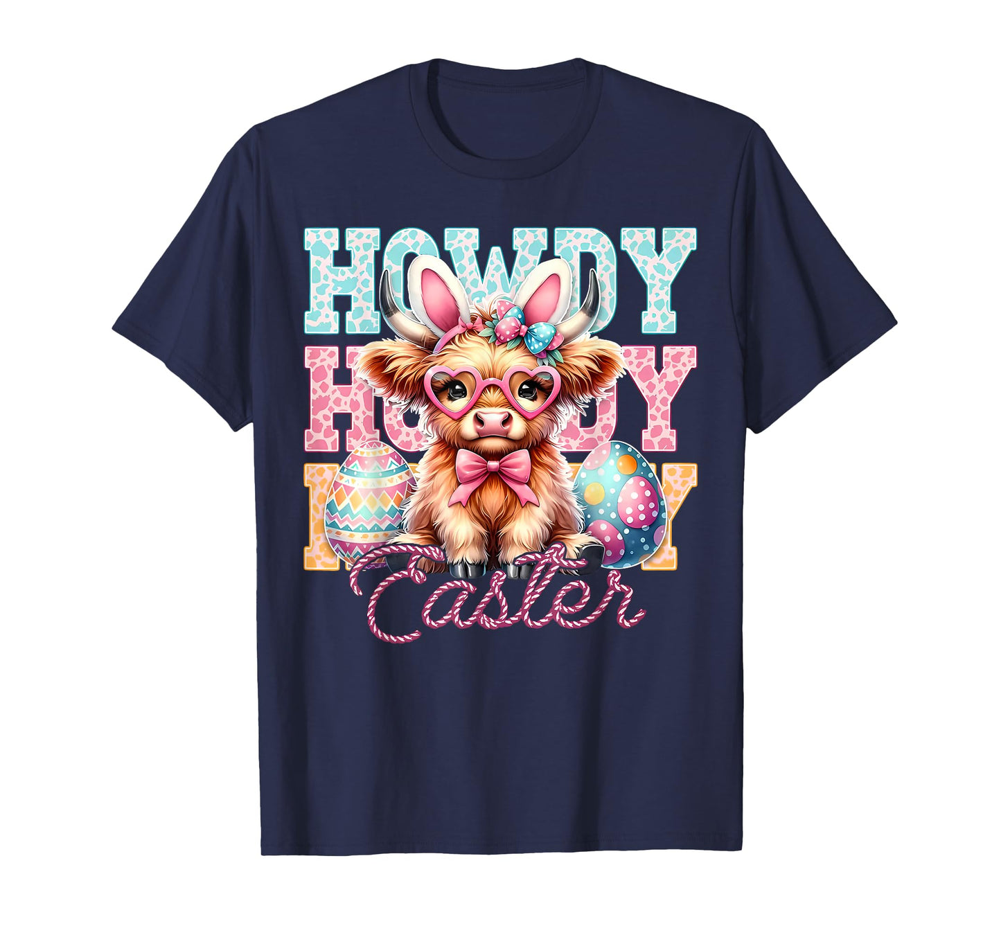 Cute Highland Cow Howdy Easter Coquette Bow Bunny Ears T-Shirt