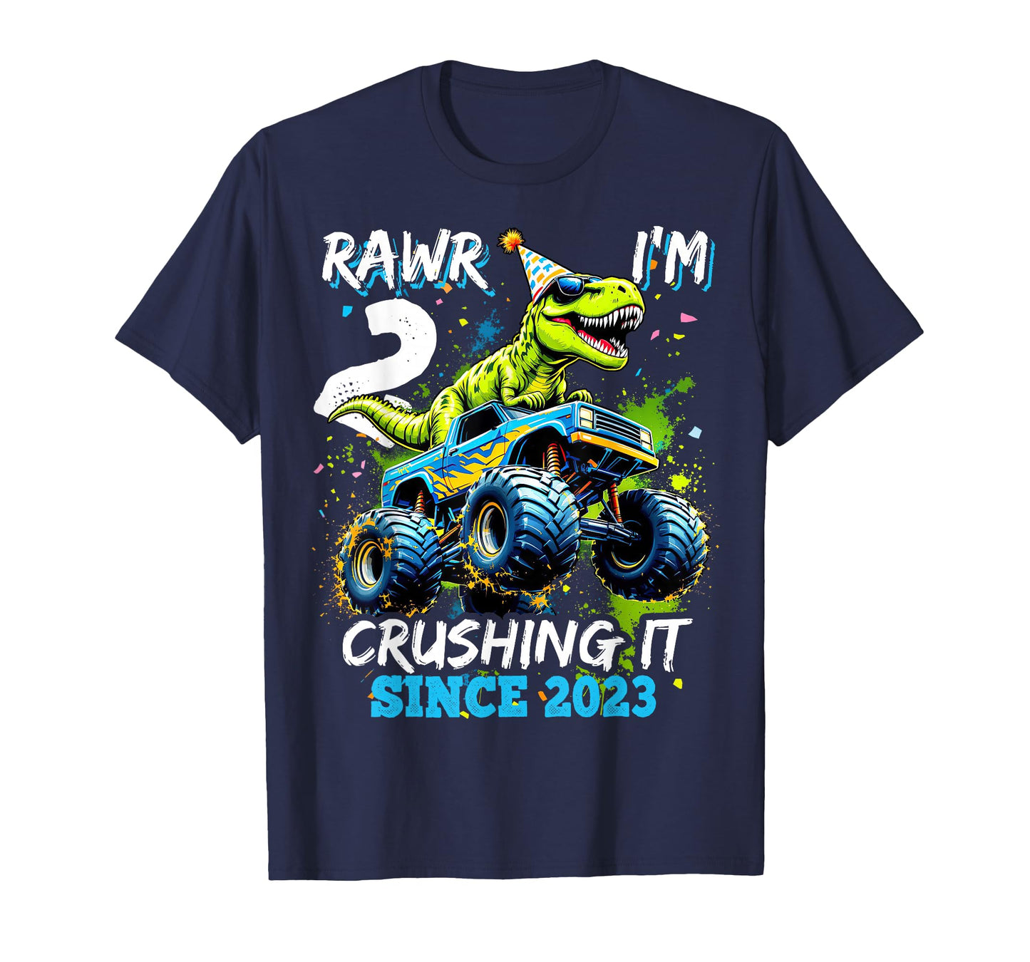 2nd Birthday Monster Truck Dinosaur Party Boys Rawr I'm 2 T-Shirt