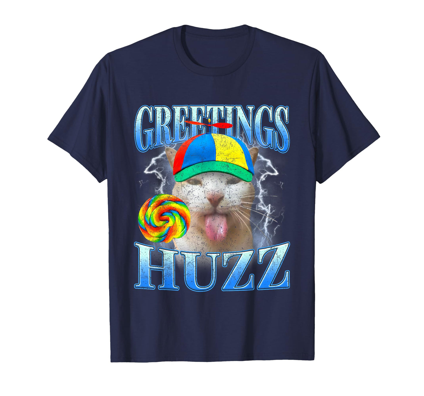 Funny Lollipop Cat Meme Greetings Huzz Retro Gen Z Alpha Y2K T-Shirt