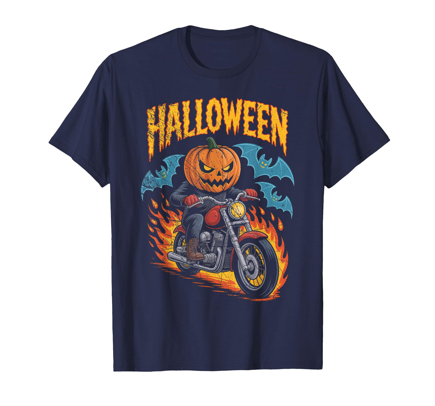 Pumpkin Biker Riding a Motorcycle Halloween Costume Rider T-Shirt