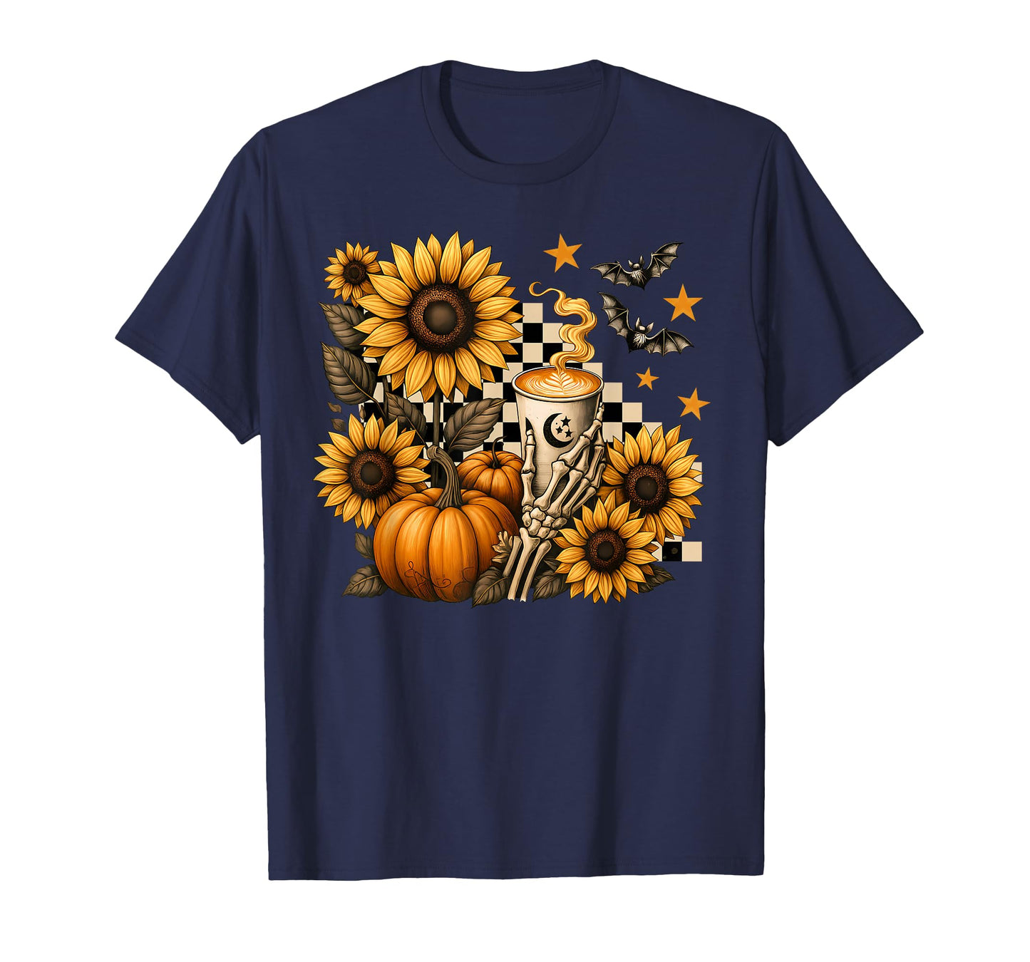 Halloween Skeleton Coffee, Spooky Sunflowers Pumpkin Spice T-Shirt