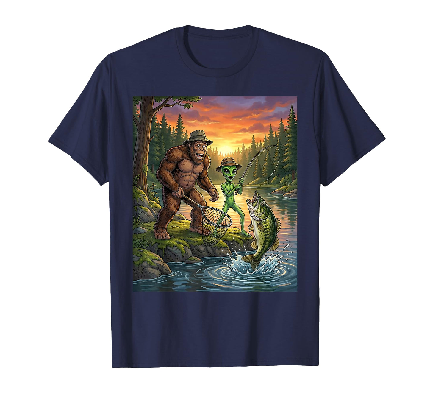 Funny Bigfoot Fishing Mens Alien Sasquatch Fishing Boys T-Shirt