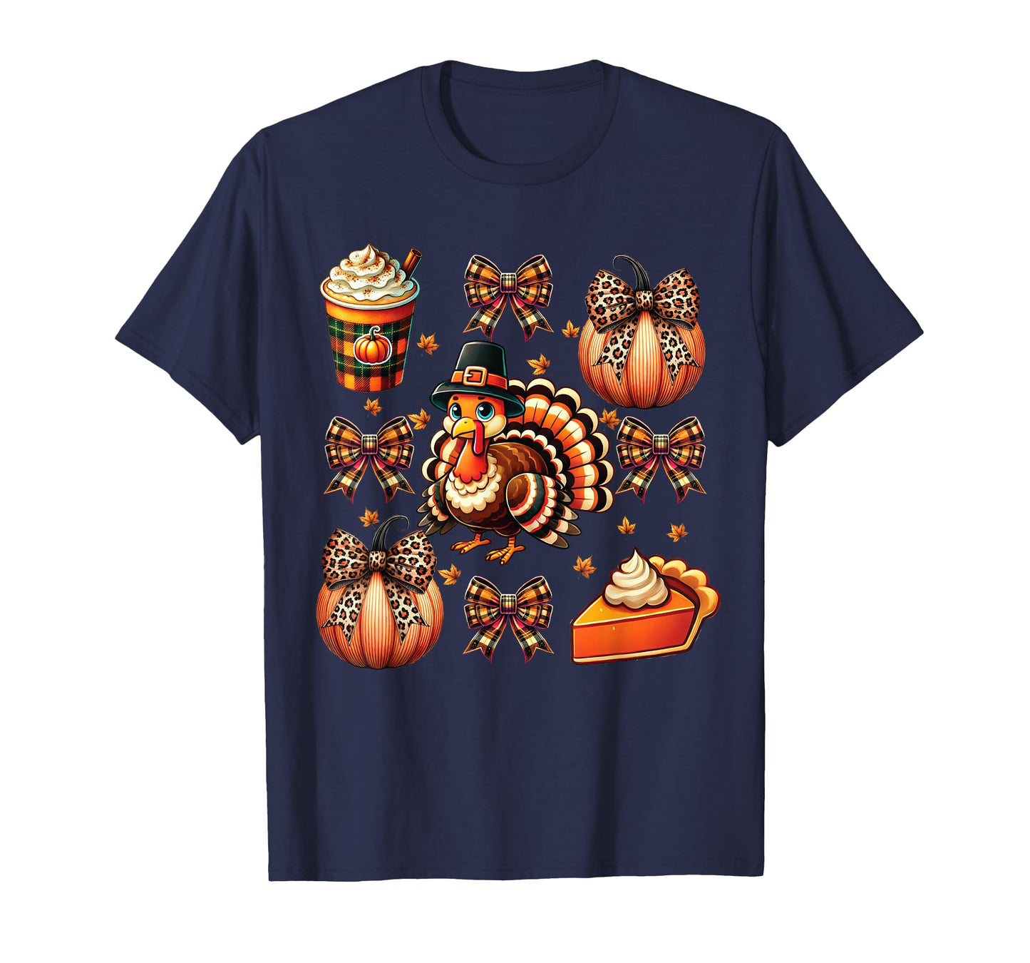 Turkey Drinking Coffee Bow Thanksgiving Womens Turkey Day T-Shirt