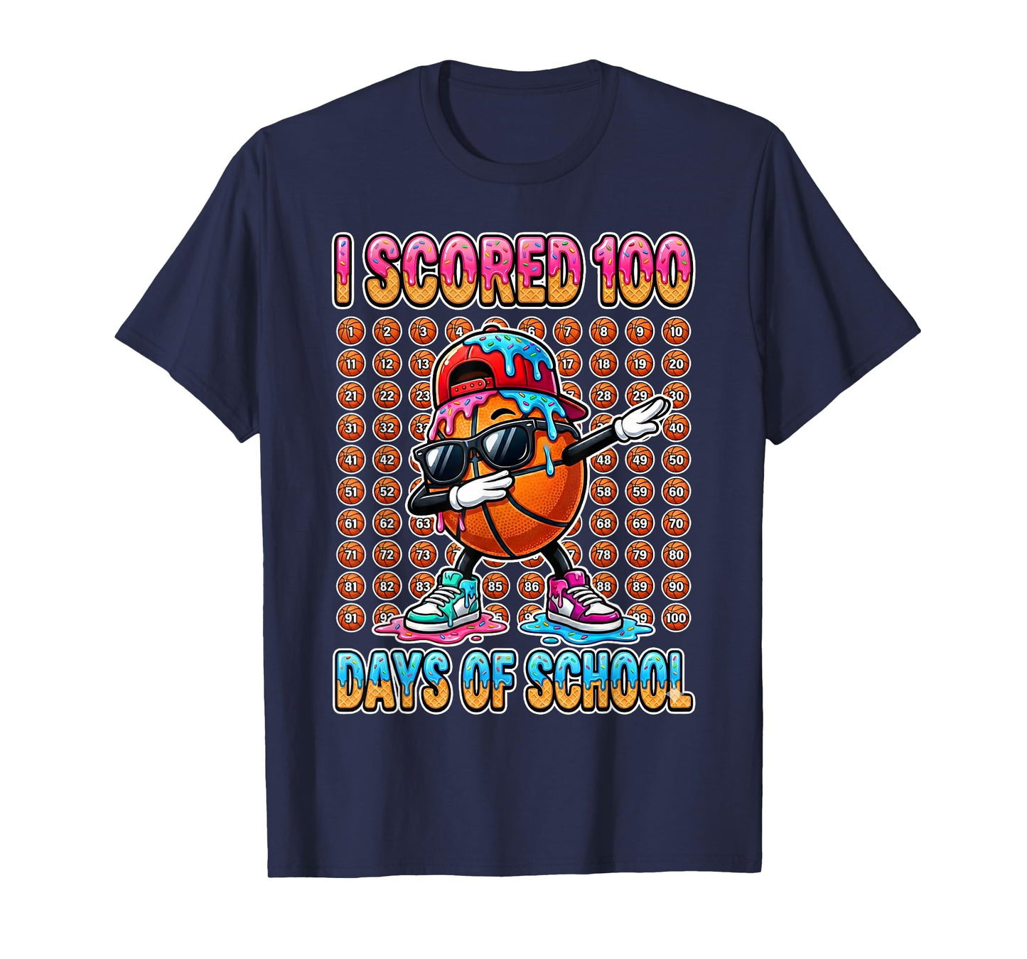 100 Days of School Basketball Ice Cram Drip 100th T-Shirt