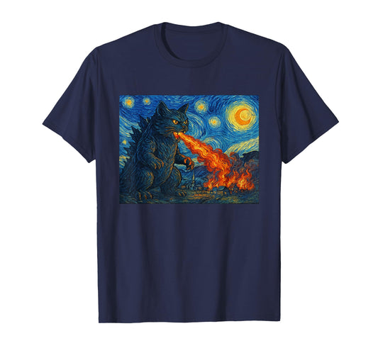 Starry Night Catzilla Monster Cat Van Gogh Style Cat Lover T-Shirt