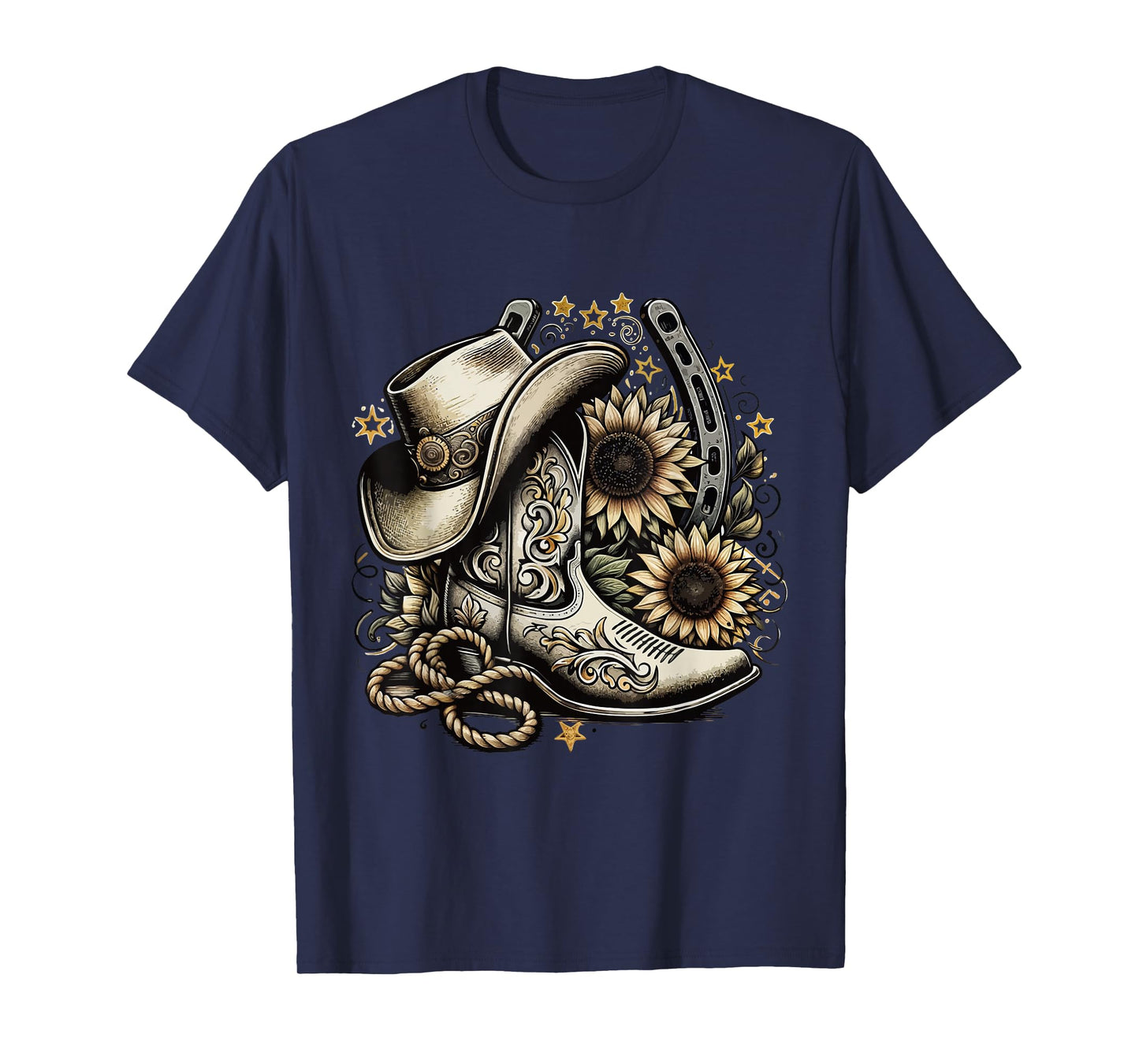 Western Cowboy Boot Horseshoe Sunflower Rope Cowgirl country T-Shirt, Small, Black