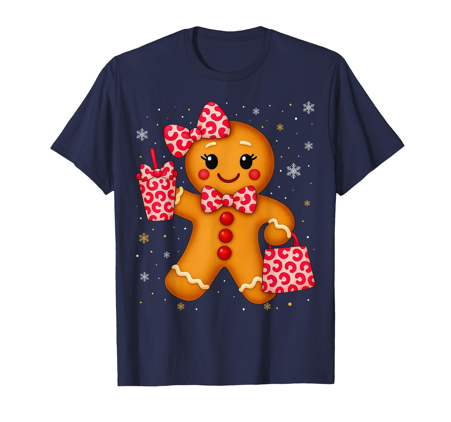 Cute Gingerbread Leopard Bow Christmas Xmas Girl Women T-Shirt