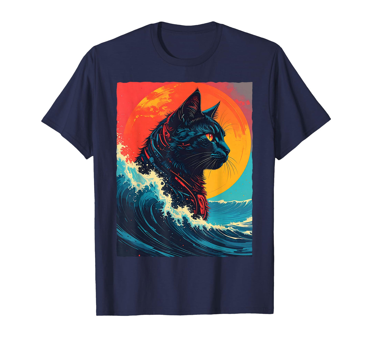 Great Kanagawa Wave Black Cat Robot Cyborg Sci-Fi Retro Sun T-Shirt