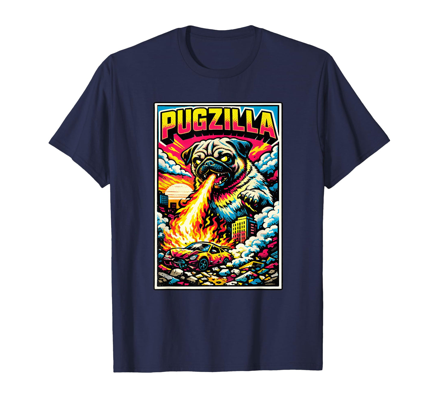 Retro Pugzilla Cute Pug Funny Youth Life from Dad Mom Meme T-Shirt