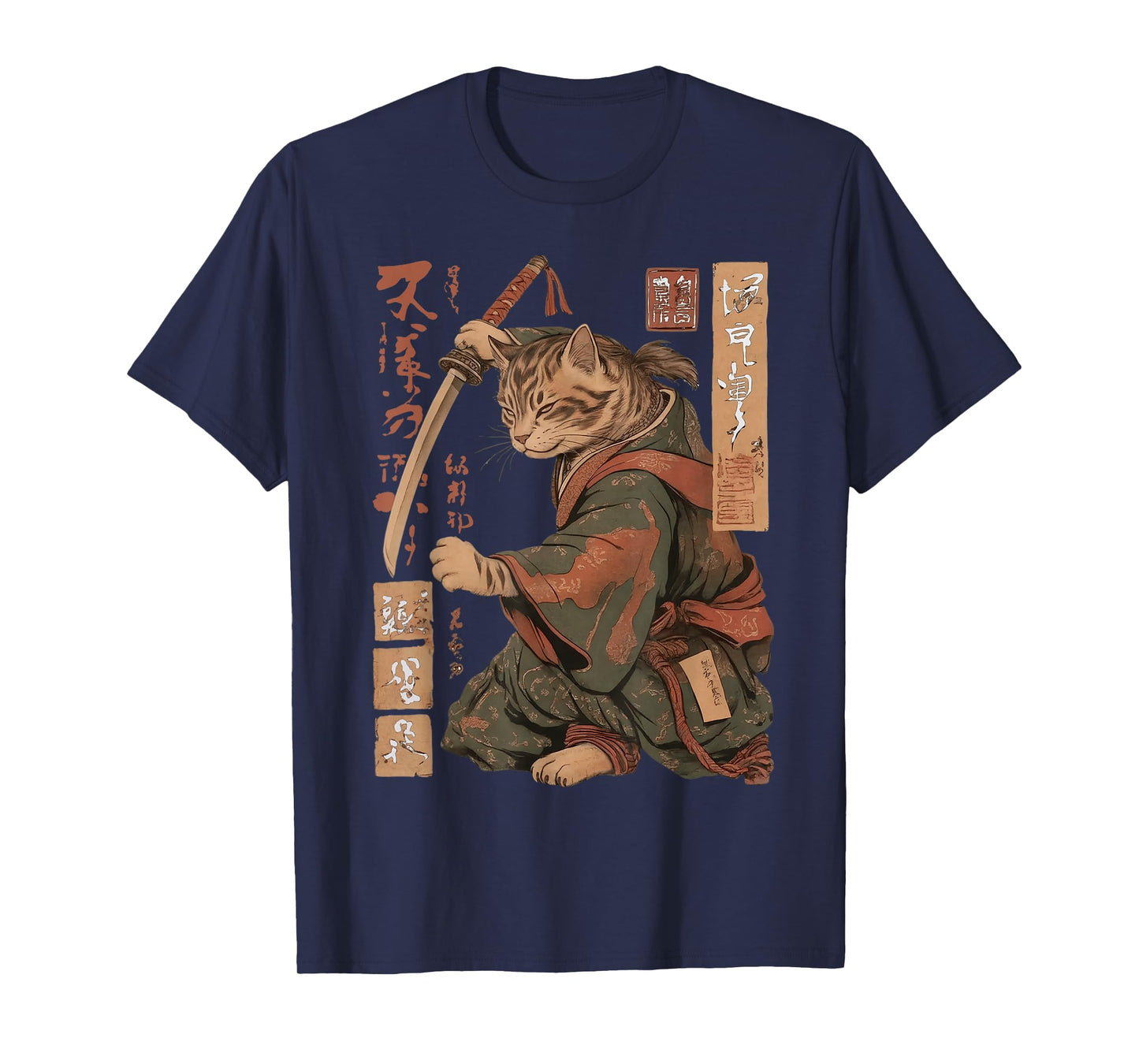 Vintage Anime Cat Japanese Funny Samurai Cat Ukiyo-e Warrior T-Shirt