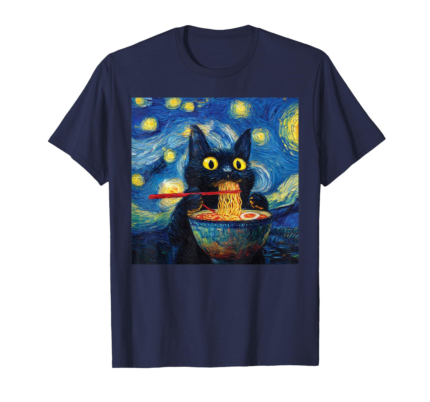 Cat Eating Ramen - Under Starry Nighit Funny Noodle Cat Art T-Shirt