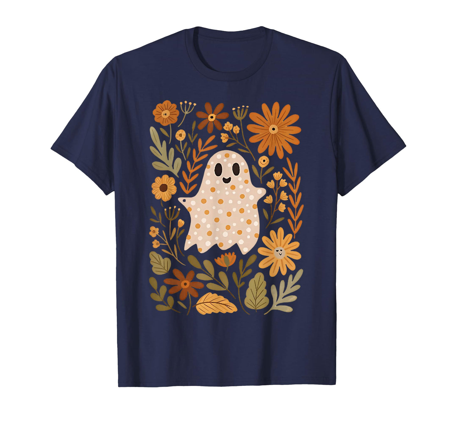 Retro Wildflower Boho Ghost Floral Halloween Cute Fall Vibes T-Shirt