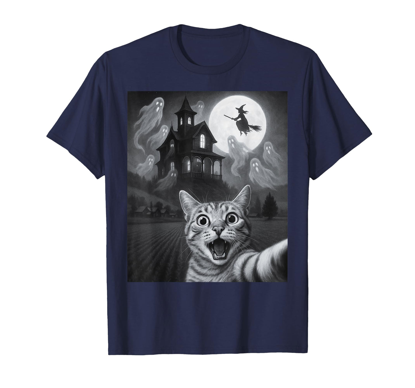 Halloween Cat Selfie With Scary House For Men Women Kids T-Shirt