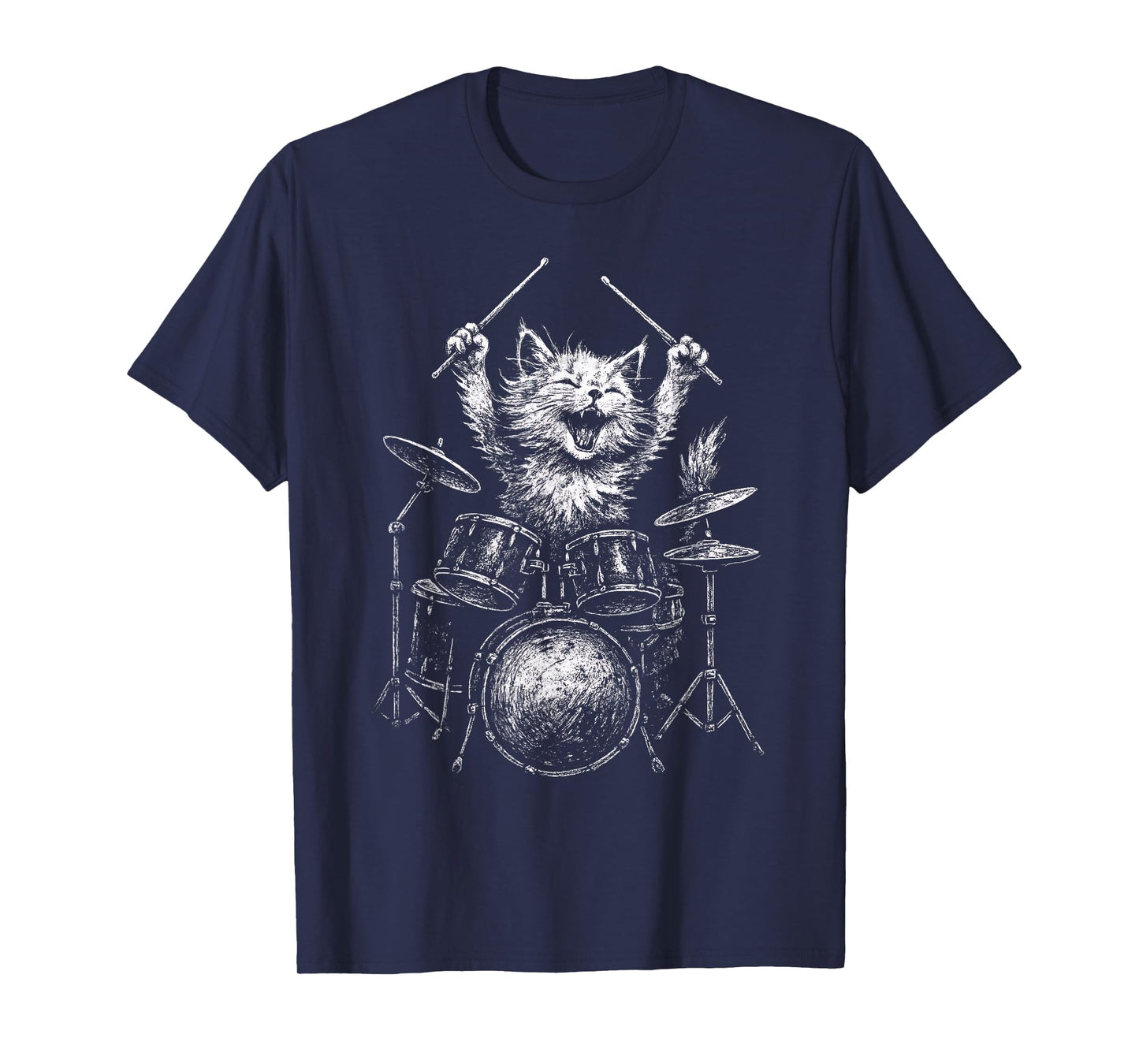 Funny Cat Drummer Playing Drums Music Lovers Cute Rock T-Shirt