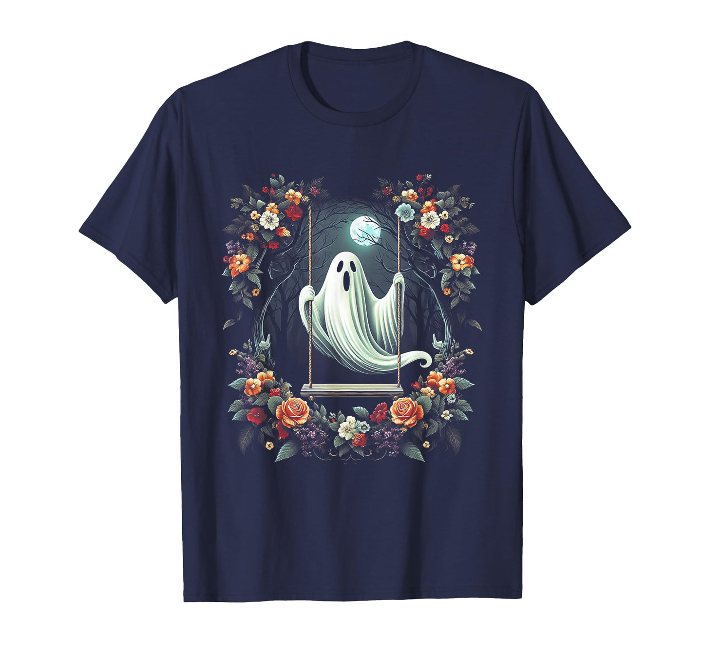 Vintage Floral Ghost On Swing In Forest Halloween Gothic T-Shirt