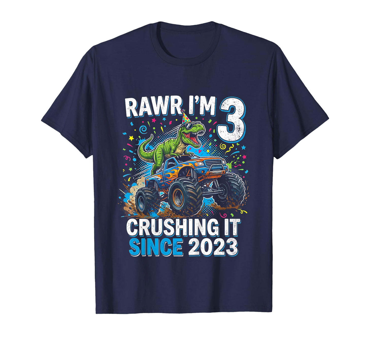 Kids 3rd Birthday Truck Turning 3 Years Old Boy Dinosaur Trex T-Shirt