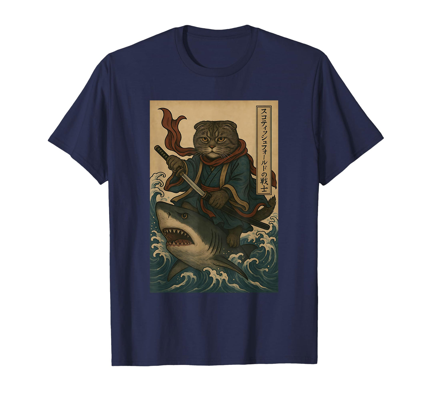 Vintage Anime Scottish Fold Japanese Samurai Riding Shark T-Shirt