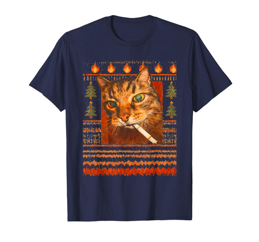 Funny Smoking Cat Meme Ugly Christmas Sweater T-Shirt